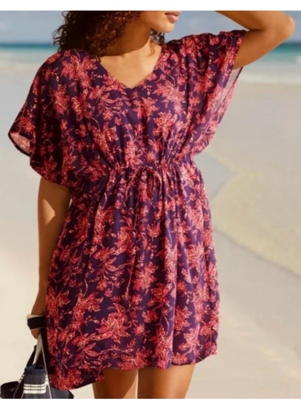 Lands' End Purple Floral Cinch Waist Kaftan Swim Cover Up Dress size XL-XXL